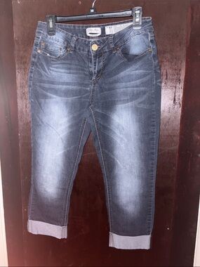 Dark Blue Ankle Denim Jeans with Cuffed Hem